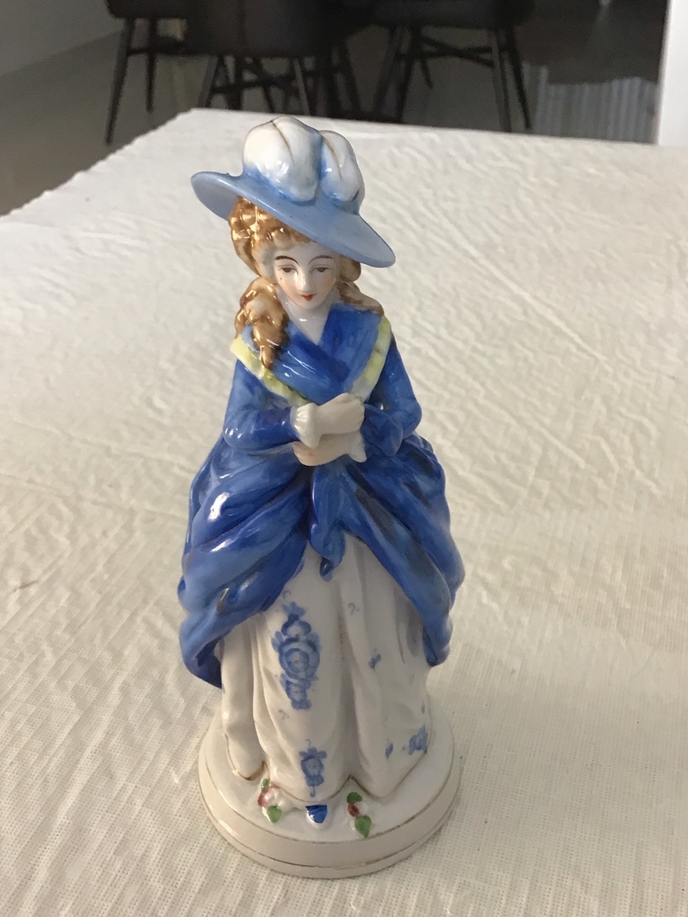Porcelain Victorian Lady Figurine in Blue and White. Occupied Japan.